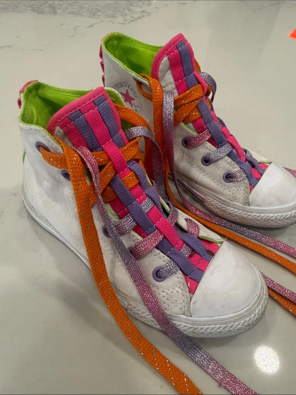 Kids White Converse Sneakers with Pink & Purple Accents